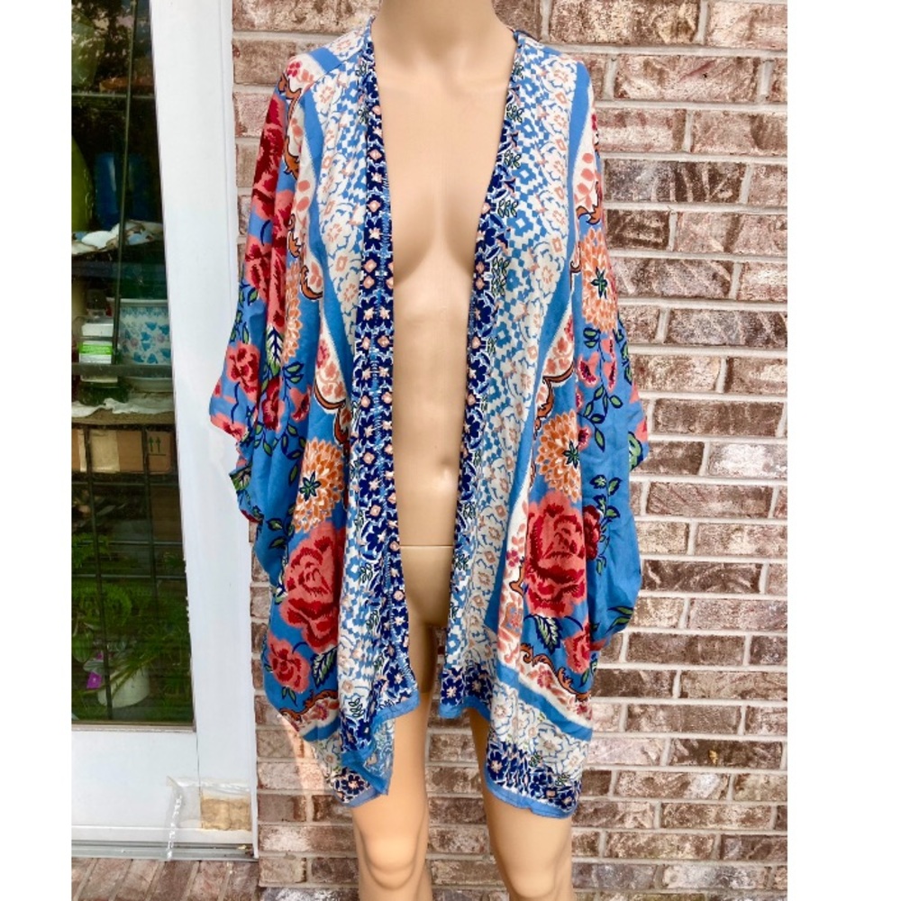 Blue & Cream Boho Floral Duster Jacket - Picture 3 of 9
